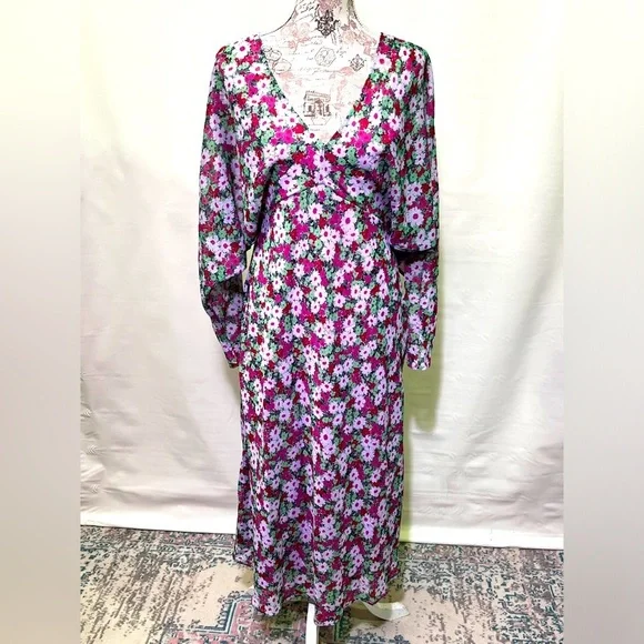 ASOS Pink and green floral deep V midi dress size 8. - Picture 3 of 16